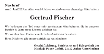 Traueranzeige von Gertrud Fischer von Schwäbische Post
