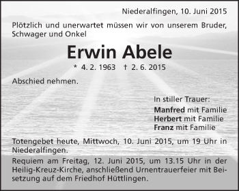 Traueranzeige von Erwin Abele von Schwäbische Post