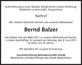 Traueranzeige von Bernd Balzer von Schwäbische Post