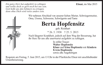 Traueranzeige von Berta Hopfensitz von Schwäbische Post
