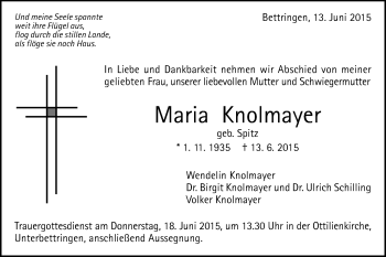 Traueranzeige von Maria Knolmayer von Gmünder Tagespost