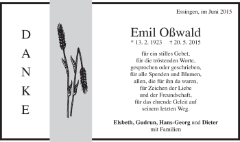 Traueranzeige von Emil Oßwald von Schwäbische Post