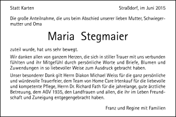 Traueranzeige von Maria Stegmaier von Gmünder Tagespost