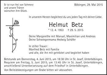 Traueranzeige von Helmut Betz von Gmünder Tagespost