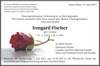 Traueranzeige von Irmgard Fischer von Schwäbische Post