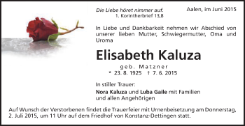 Traueranzeige von Elisabeth Kaluza von Schwäbische Post