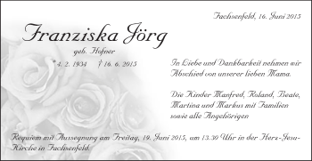 Traueranzeige von Franziska Jörg von Schwäbische Post