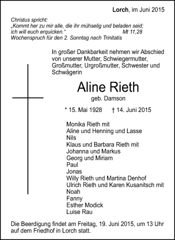 Traueranzeige von Aline Rieth von Gmünder Tagespost