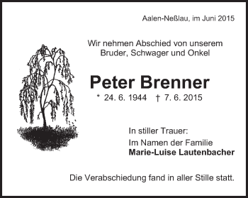 Traueranzeige von Peter Brenner von Schwäbische Post