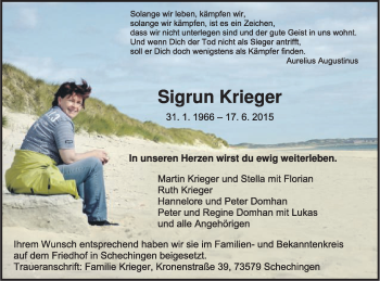 Traueranzeige von Sigrun Krieger von Gmünder Tagespost