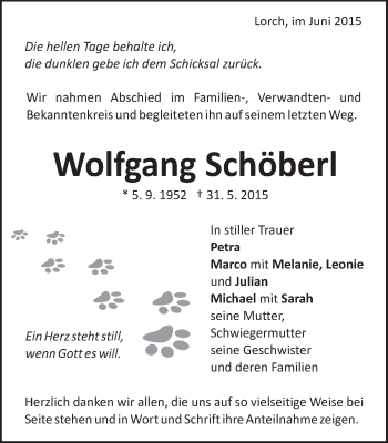 Traueranzeige von Wolfgang Schöberl von Gmünder Tagespost