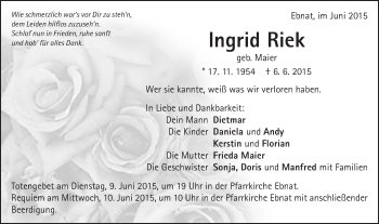 Traueranzeige von Ingrid Riek von Schwäbische Post