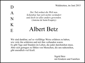 Traueranzeige von Albert Betz von Gmünder Tagespost