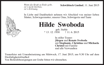 Traueranzeige von Hilde Swoboda von Gmünder Tagespost