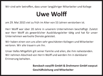 Traueranzeige von Uwe Wolff von Gmünder Tagespost