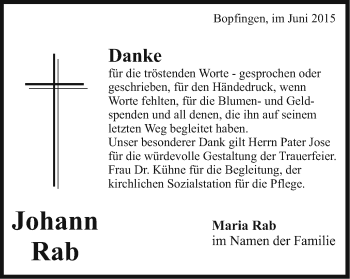 Traueranzeige von Johann Rab von Schwäbische Post