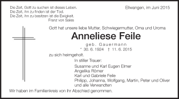 Traueranzeige von Anneliese Feile von Schwäbische Post