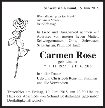 Traueranzeige von Carmen Rose von Gmünder Tagespost