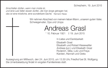 Traueranzeige von Andreas Grasl von Schwäbische Post