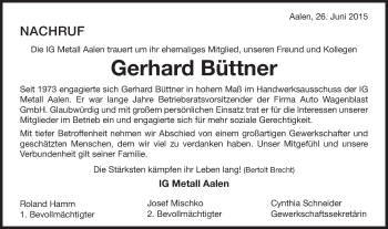 Traueranzeige von Gerhard Büttner von Schwäbische Post
