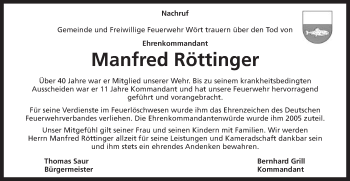 Traueranzeige von Manfred Röttinger von Schwäbische Post