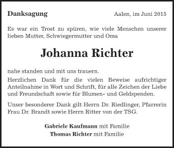 Traueranzeige von Johanna Richter von Schwäbische Post