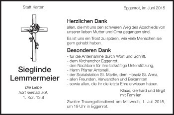 Traueranzeige von Sieglinde Lemmermeier von Schwäbische Post