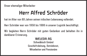 Traueranzeige von Alfred Schröder von Gmünder Tagespost