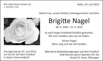 Traueranzeige von Brigitte Nagel von Schwäbische Post