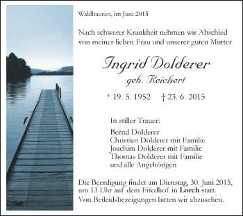 Traueranzeige von Ingrid Dolderer von Gmünder Tagespost