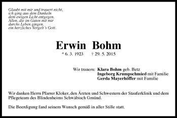 Traueranzeige von Erwin Bohm von Gmünder Tagespost