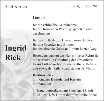 Traueranzeige von Ingrid Riek von Schwäbische Post