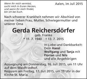 Traueranzeige von Gerda Reichersdörfer von Schwäbische Post
