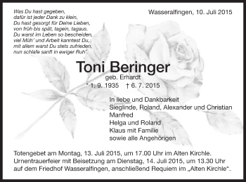 Traueranzeige von Toni Beringer von Schwäbische Post
