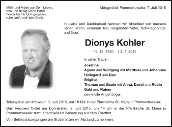 Traueranzeige von Dionys Kohler von Schwäbische Post