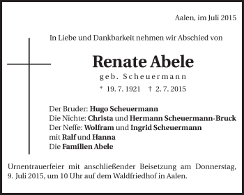 Traueranzeige von Renate Abele von Schwäbische Post