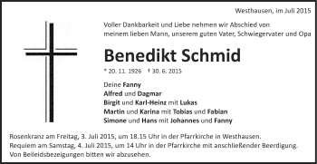 Traueranzeige von Benedikt Schmid von Schwäbische Post