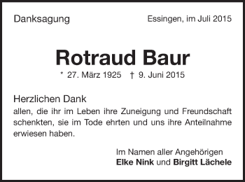 Traueranzeige von Rotraud Baur von Schwäbische Post