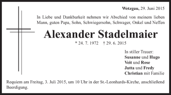 Traueranzeige von Alexander Stadelmaier von Gmünder Tagespost