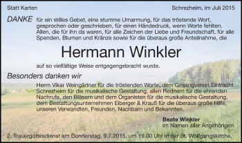 Traueranzeige von Hermann Winkler von Schwäbische Post