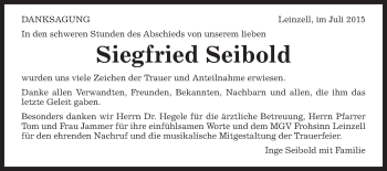 Traueranzeige von Siegfried Seibold von Gmünder Tagespost