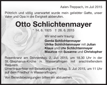 Traueranzeige von Otto Schlichtenmayer von Schwäbische Post