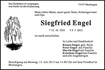 Traueranzeige von Siegfried Engel von Gmünder Tagespost