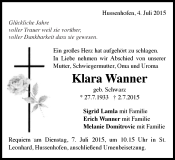 Traueranzeige von Klara Wanner von Gmünder Tagespost