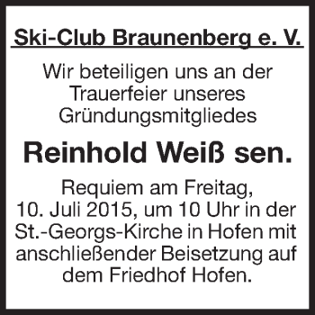 Traueranzeige von Reinhold Weiß von Schwäbische Post