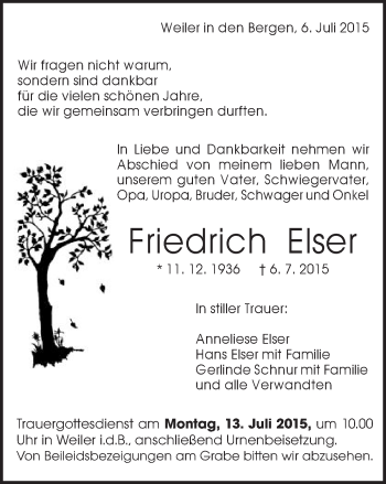 Traueranzeige von Friedrich Elser von Gmünder Tagespost