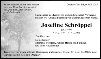 Traueranzeige von Josefine Schröppel von Schwäbische Post