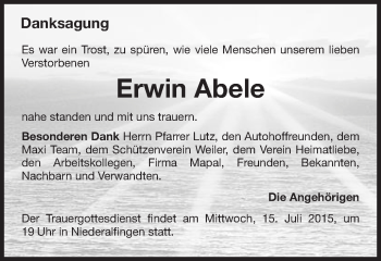 Traueranzeige von Erwin Abele von Schwäbische Post