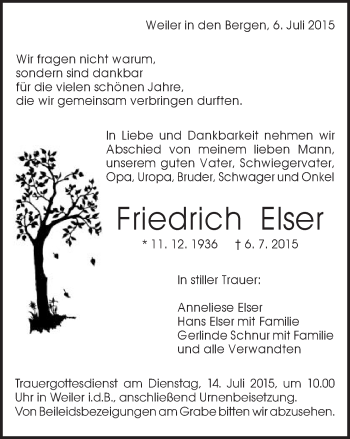 Traueranzeige von Friedrich Elser von Gmünder Tagespost