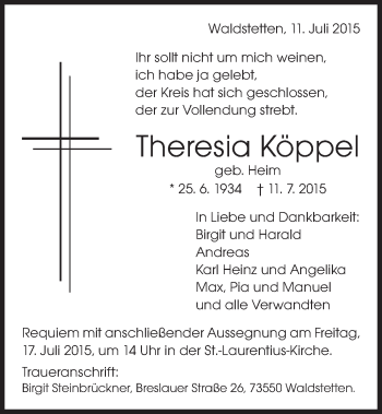 Traueranzeige von Theresia Köppel von Gmünder Tagespost